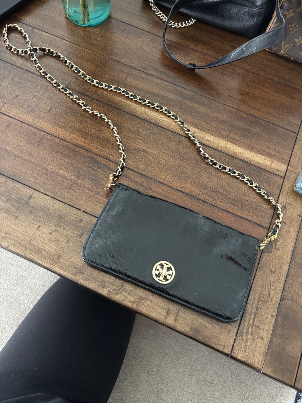 Tory Burch Black Patent Leather Chain Crossbody with Gold Hardware